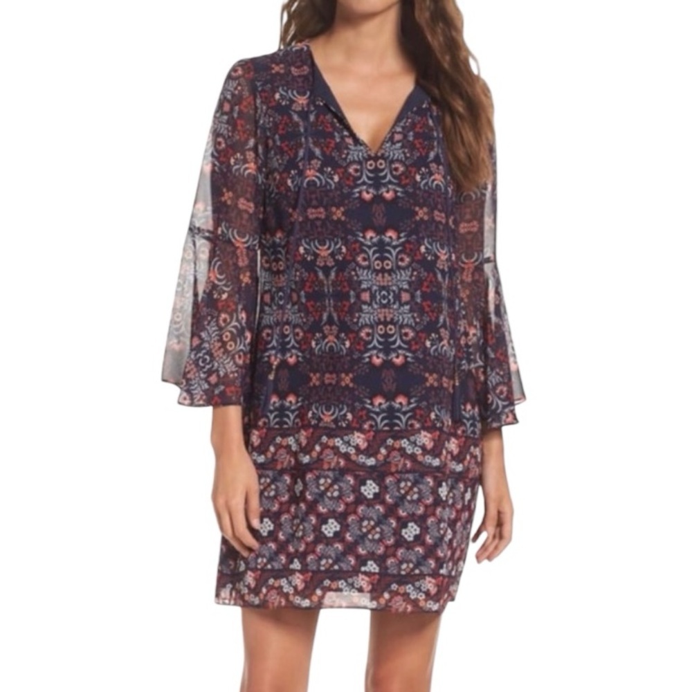 NWT VINCE CAMUTO Printed Bell Sleeve Tie V-Neck Lined Mini Dress Size 12